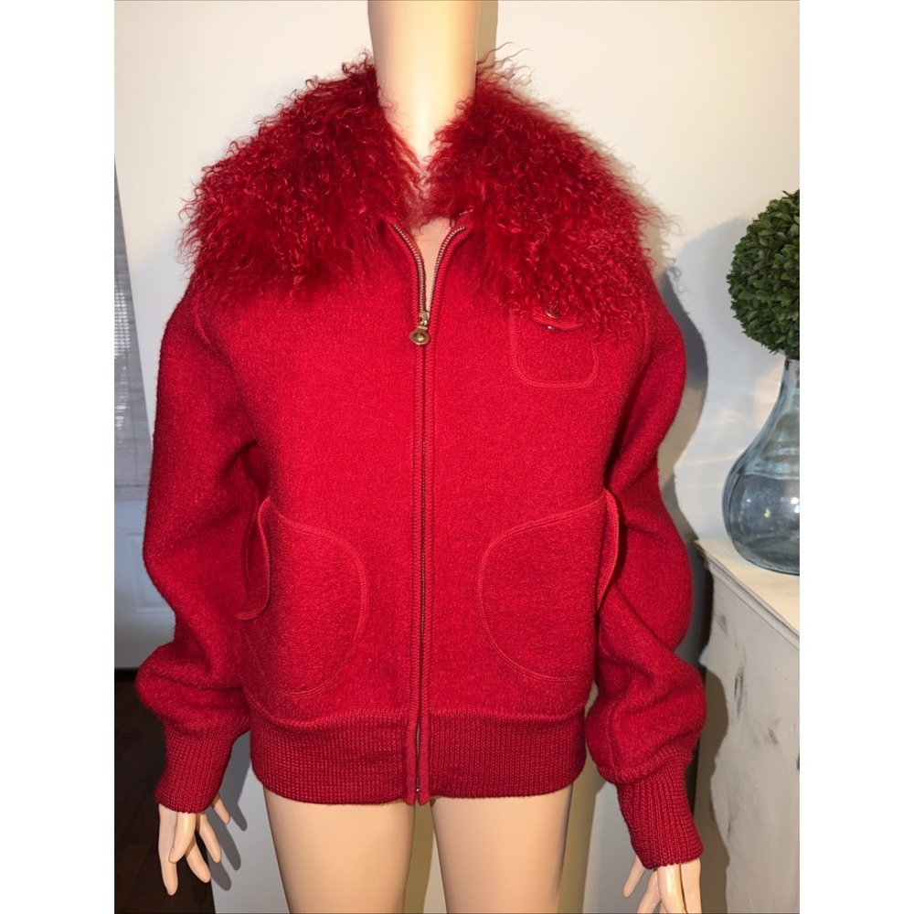 METROSTYLE Red Boiled Wool Zip Jacket with Fur Collar Vintage 90s Y2K Medium